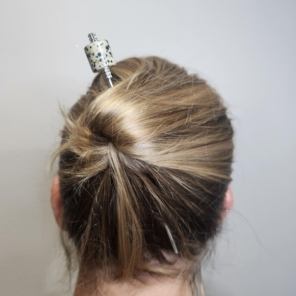 ♜ Dalmatian Jasper Tresskeep Hair Stick, Strong Hold, Effortless Feel, Epic Look - Picture 3 of 9